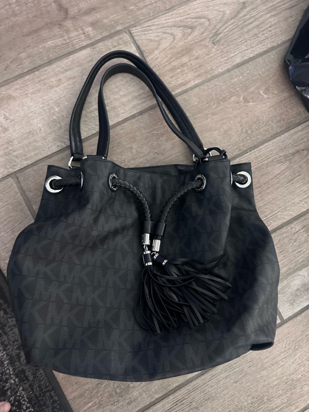 Michael Kors Black MK Logo Drawstring Shoulder Bag